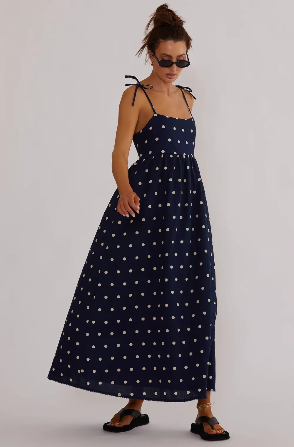 Valory Maxi Dress Navy Polka Dot Linen