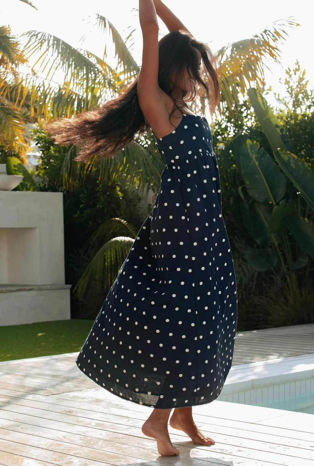Valory Maxi Dress Navy Polka Dot Linen