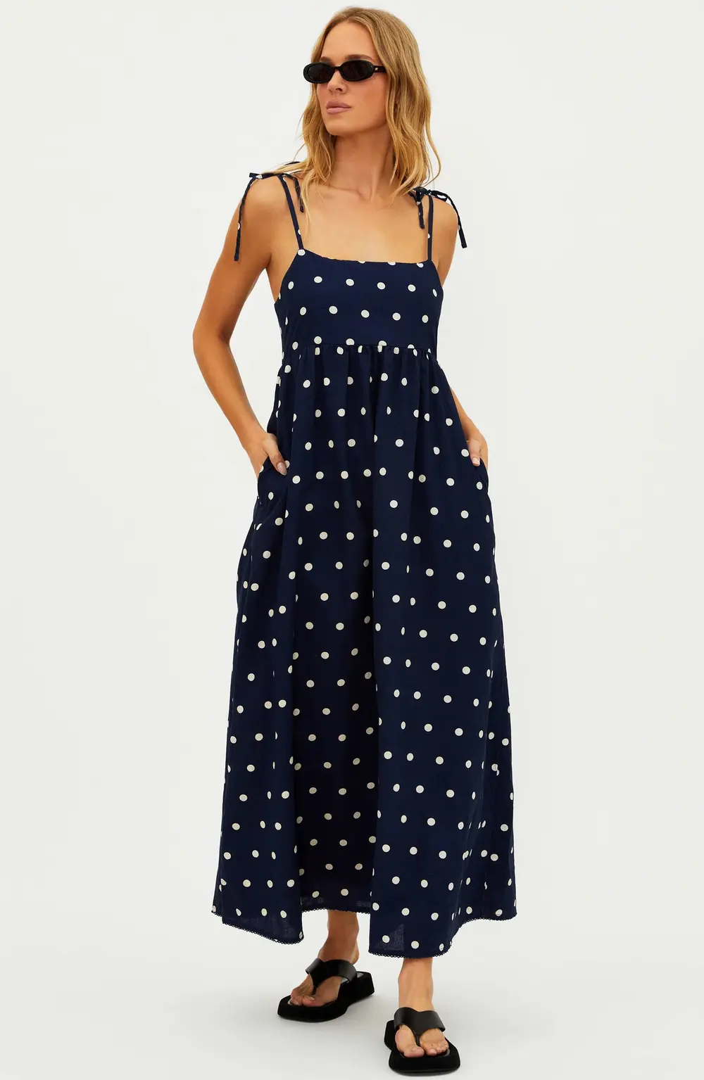 Valory Maxi Dress Navy Polka Dot Linen