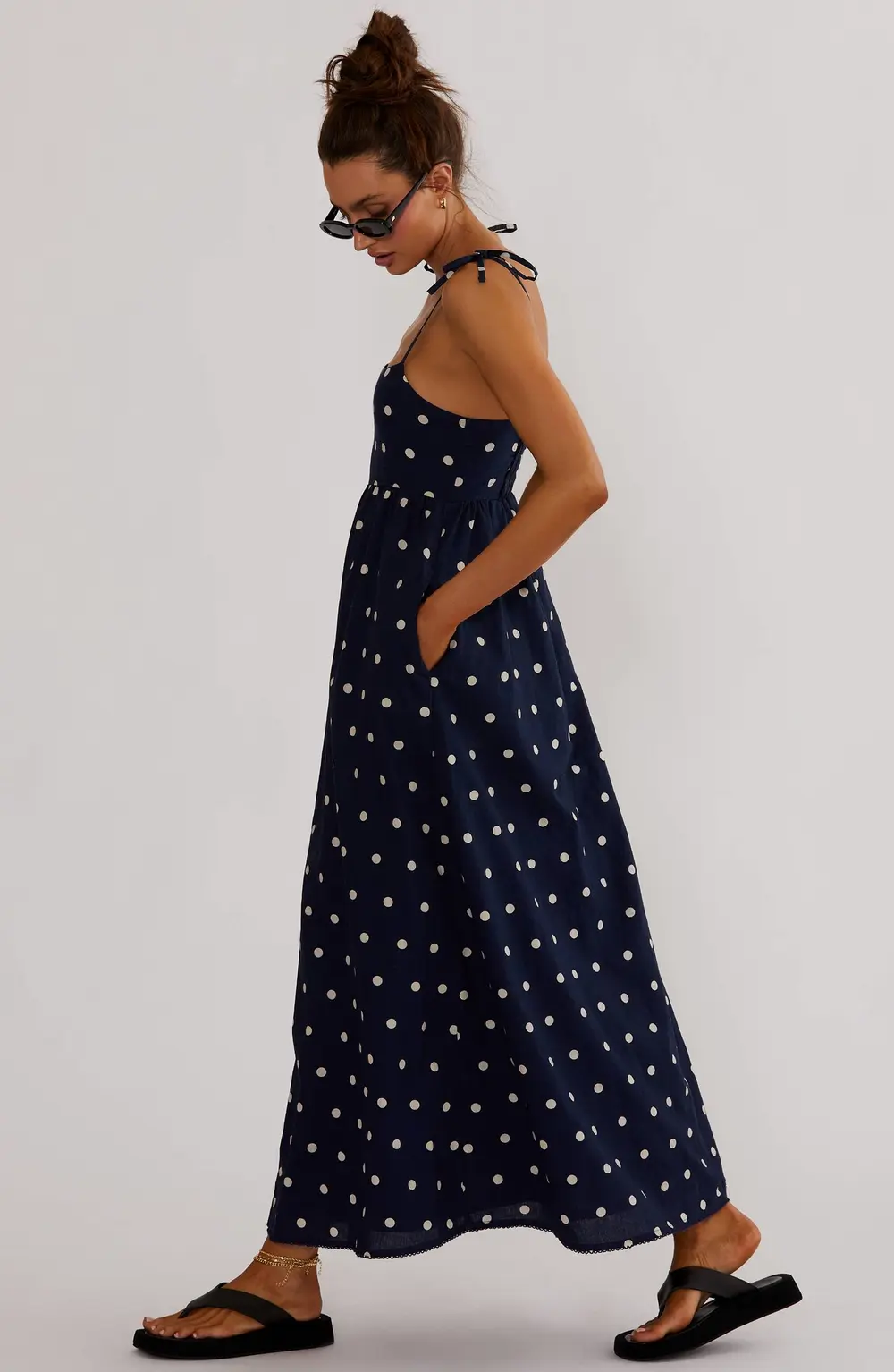 Valory Maxi Dress Navy Polka Dot Linen