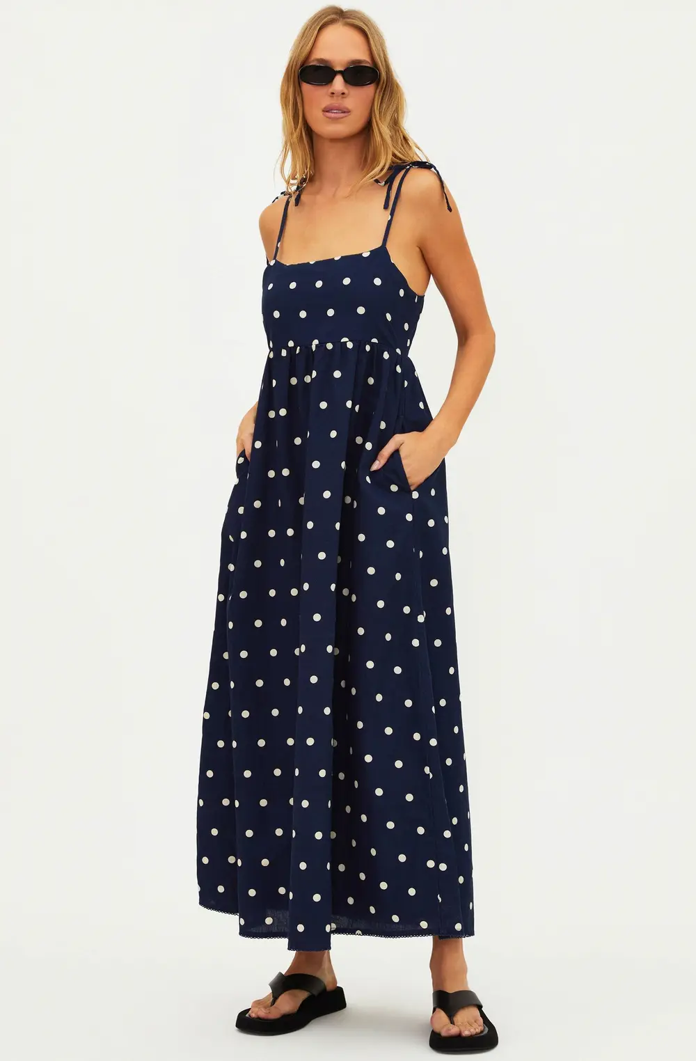Valory Maxi Dress Navy Polka Dot Linen