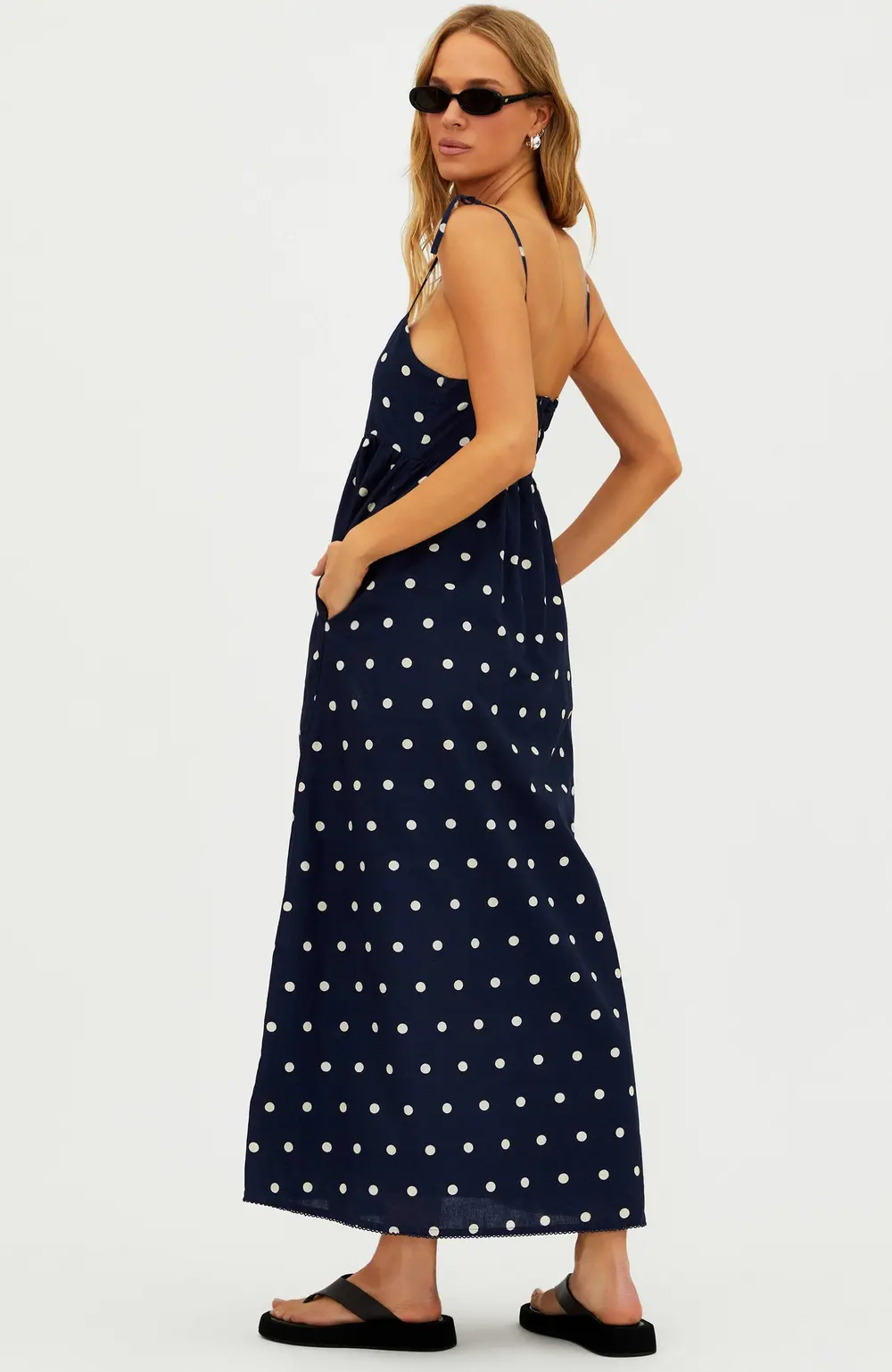 Valory Maxi Dress Navy Polka Dot Linen