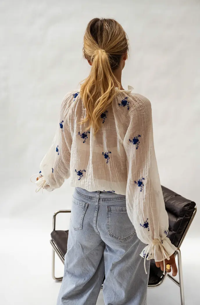 Ecru and Blue Floral Gabrielle Blouse