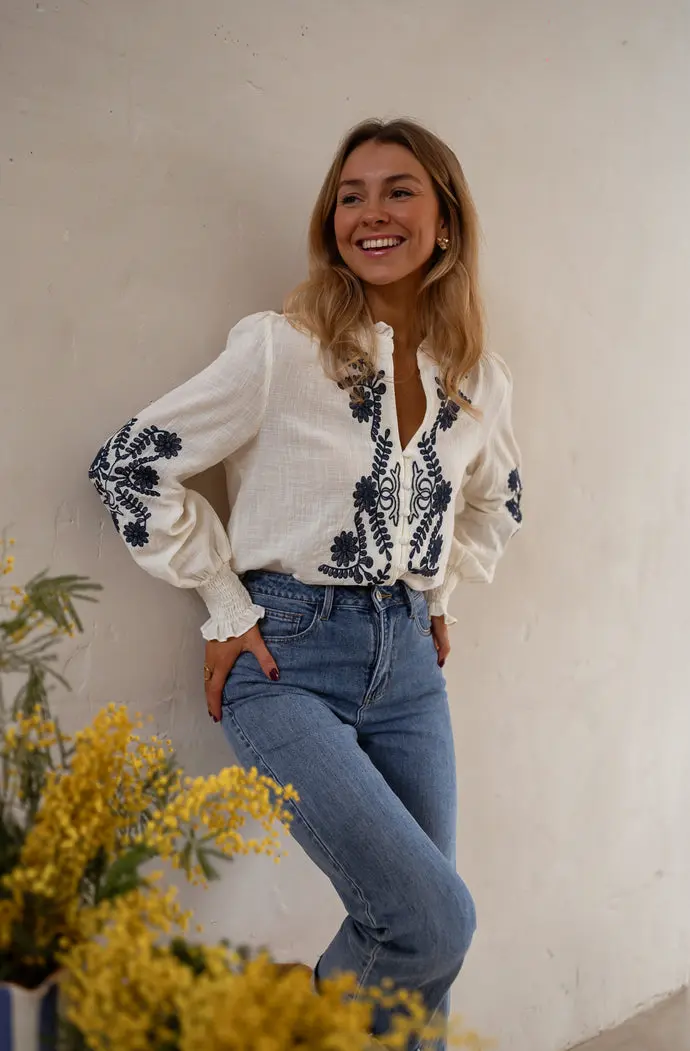Ecru and Blue Embroidered Salome Blouse