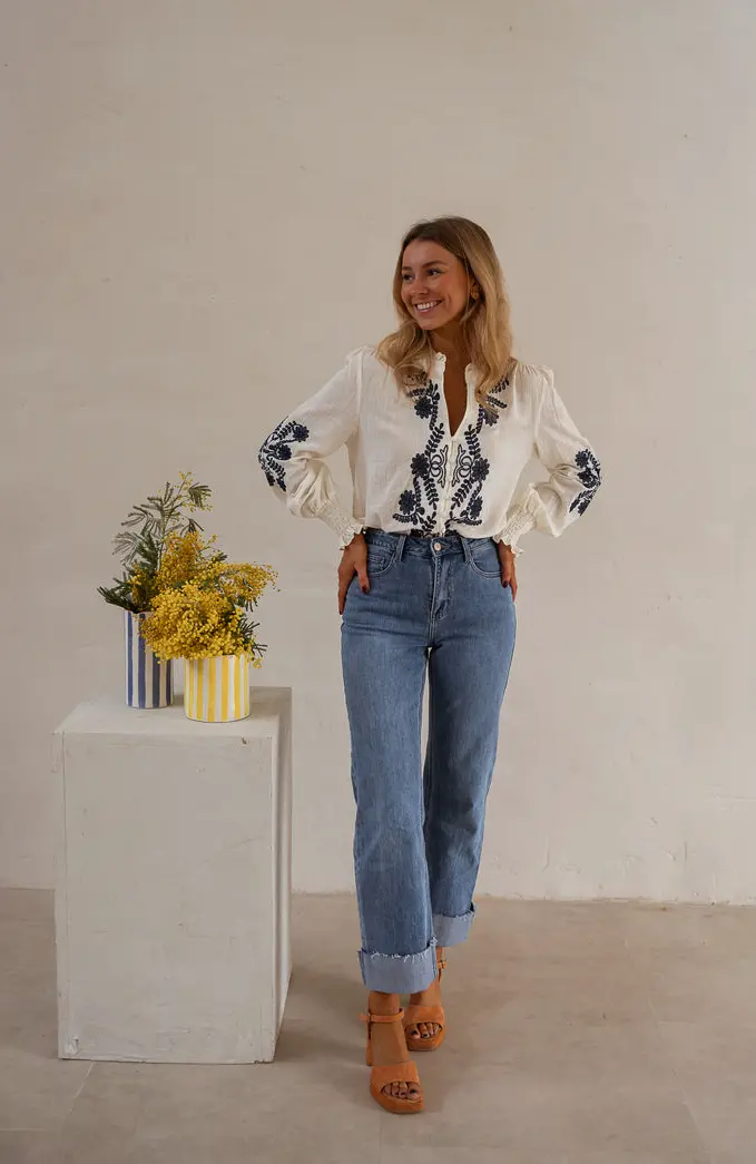 Ecru and Blue Embroidered Salome Blouse