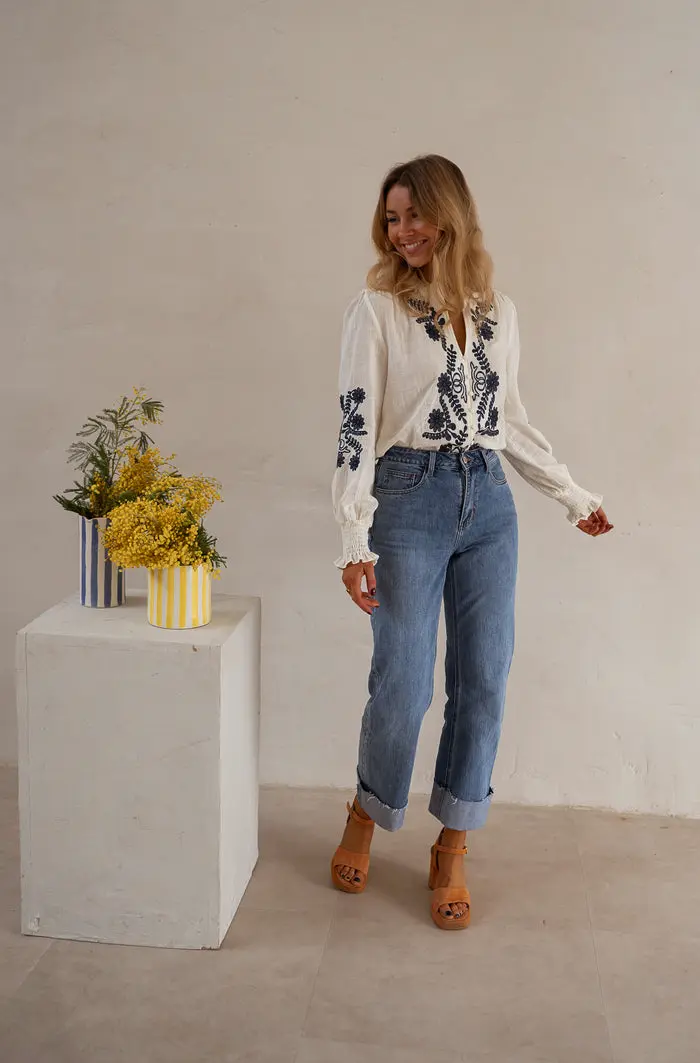 Ecru and Blue Embroidered Salome Blouse