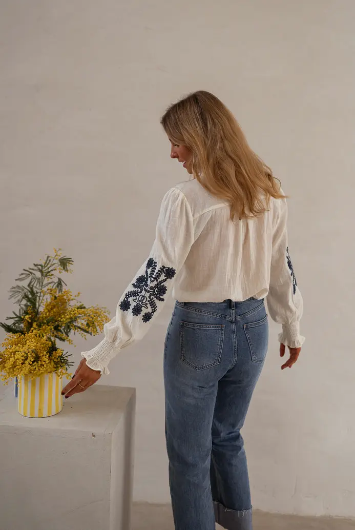 Ecru and Blue Embroidered Salome Blouse