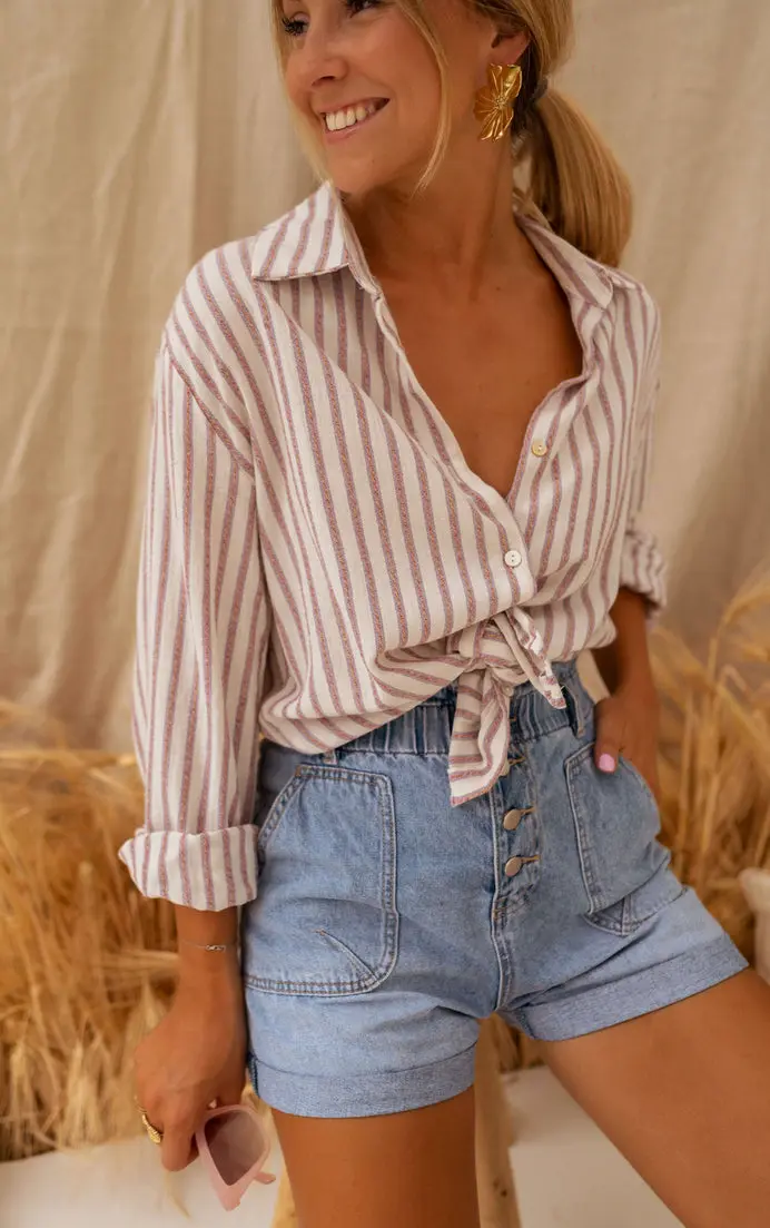 Beige and Pink Striped Linen-Effect Bertha Shirt