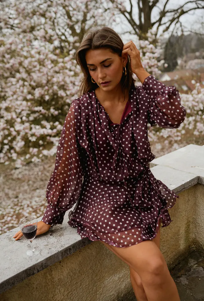 Burgundy Polka Dot Alenor Dress