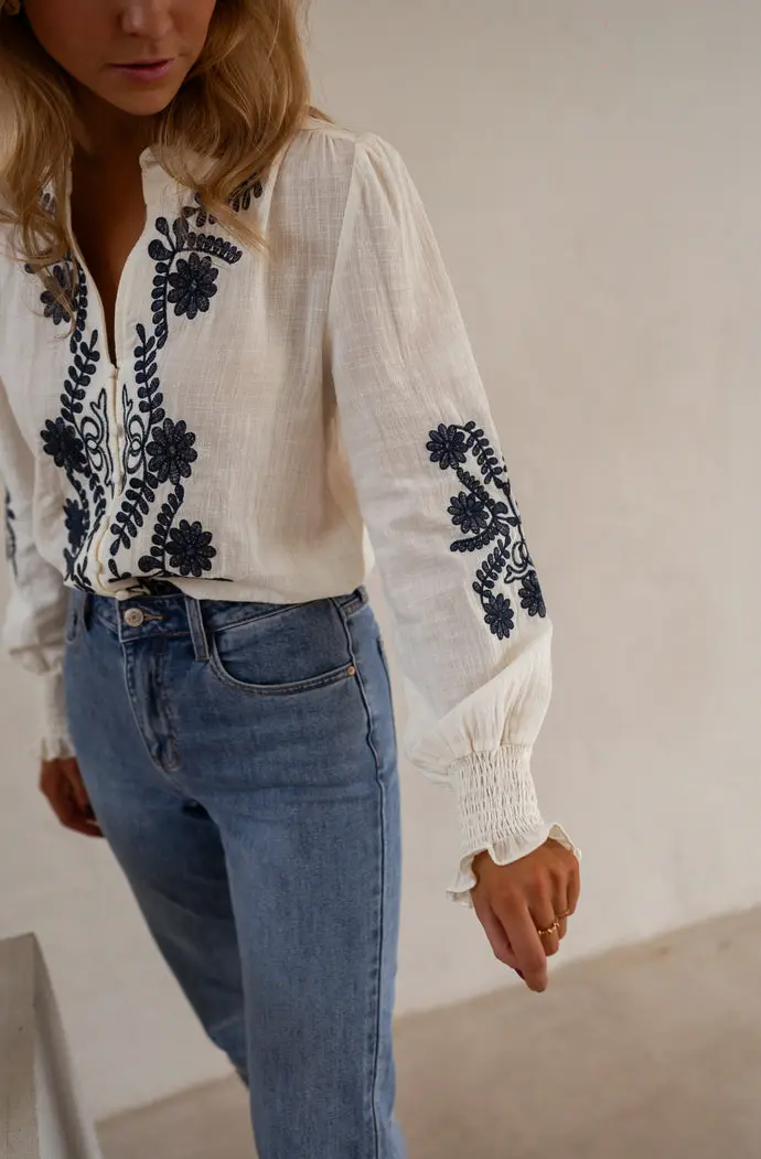 Ecru and Blue Embroidered Salome Blouse