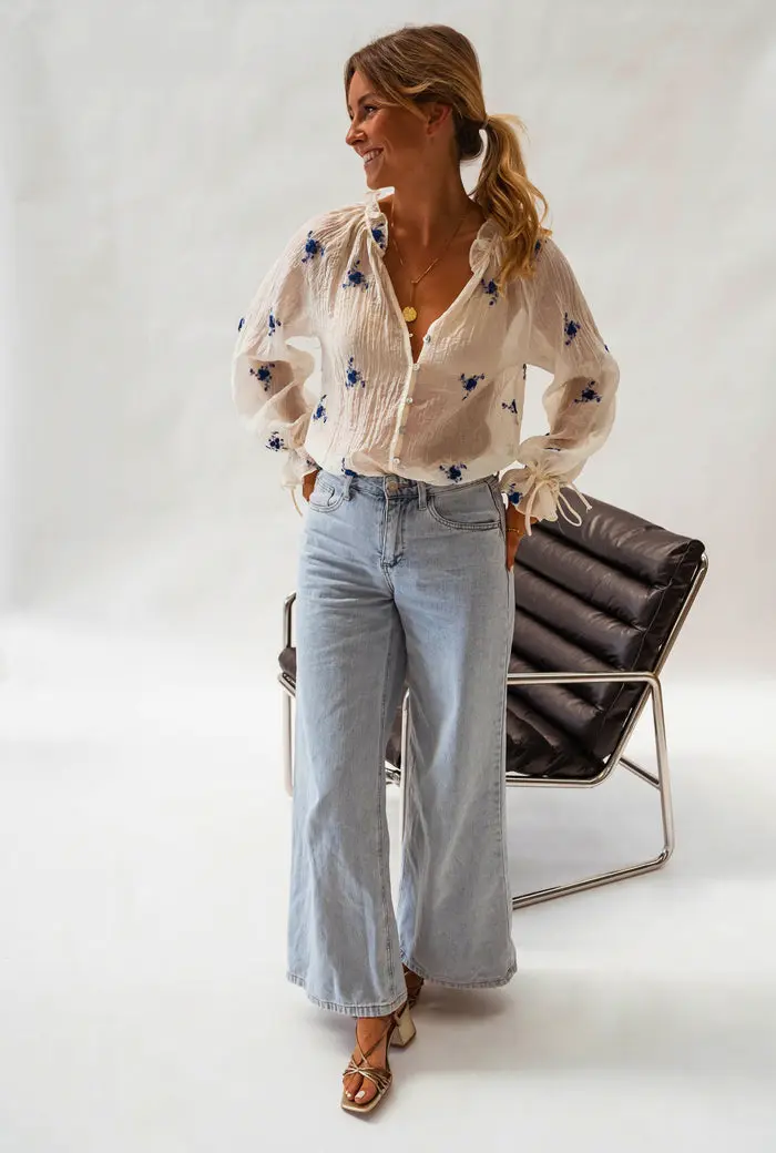 Ecru and Blue Floral Gabrielle Blouse