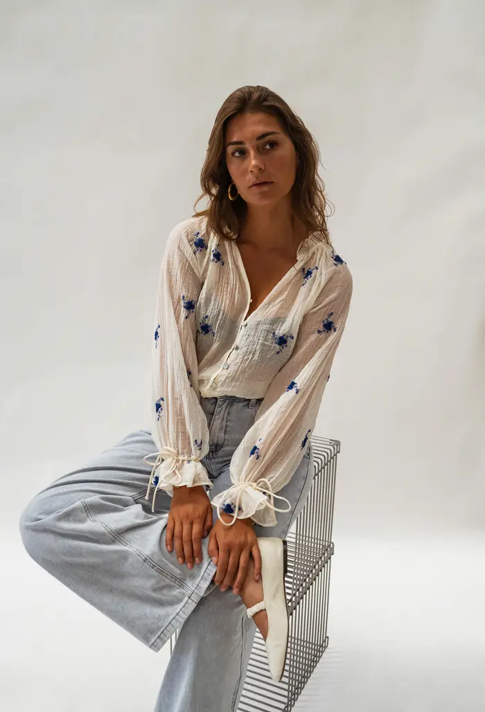 Ecru and Blue Floral Gabrielle Blouse