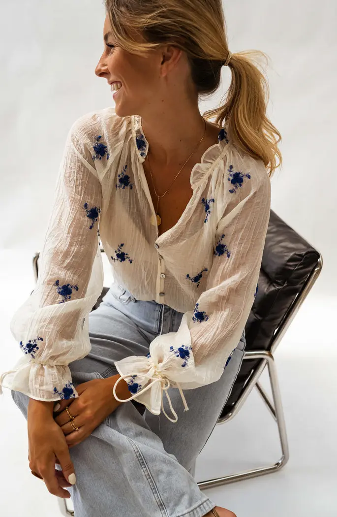 Ecru and Blue Floral Gabrielle Blouse