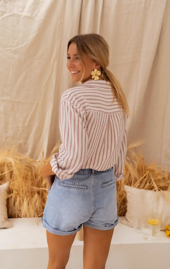 Beige and Pink Striped Linen-Effect Bertha Shirt