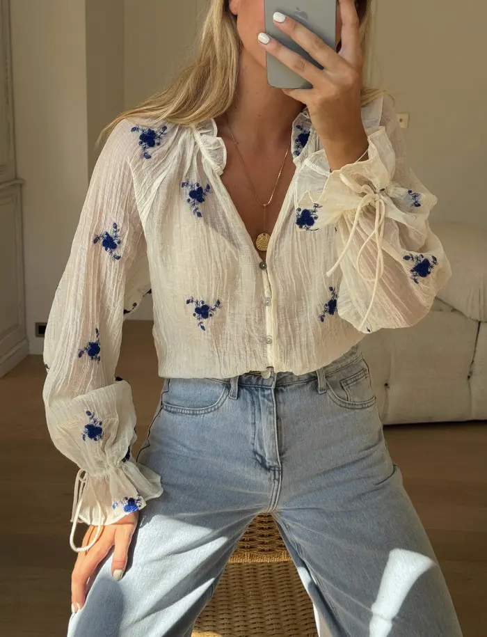 Ecru and Blue Floral Gabrielle Blouse