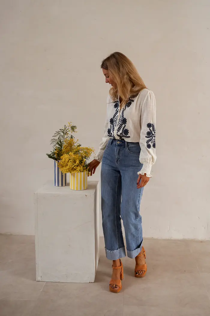 Ecru and Blue Embroidered Salome Blouse