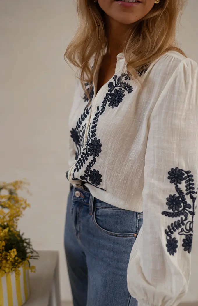 Ecru and Blue Embroidered Salome Blouse