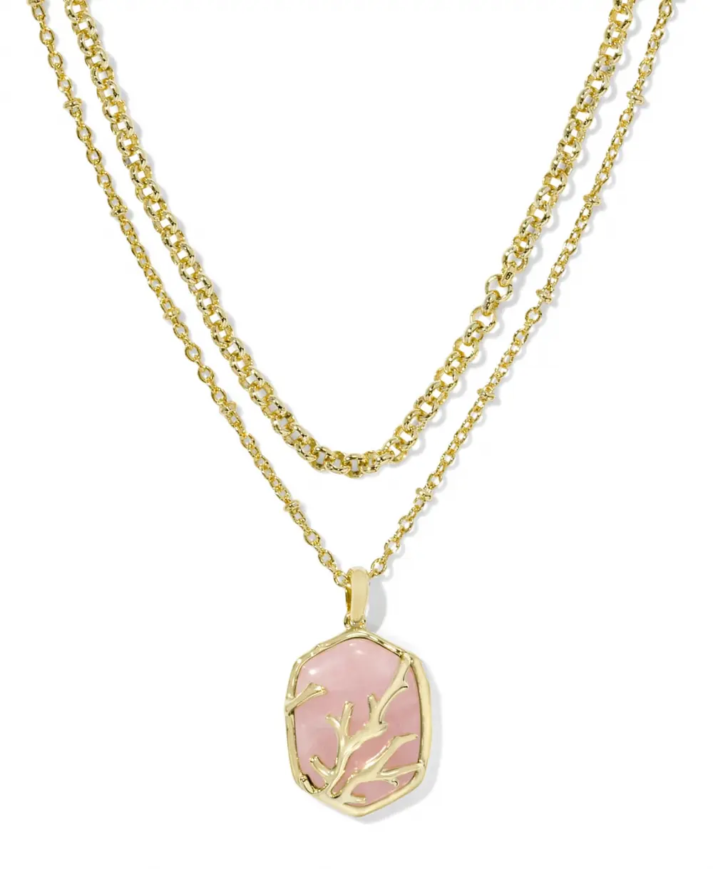 Daphne Gold Coral Frame Multi Strand Necklace in Rose Quartz