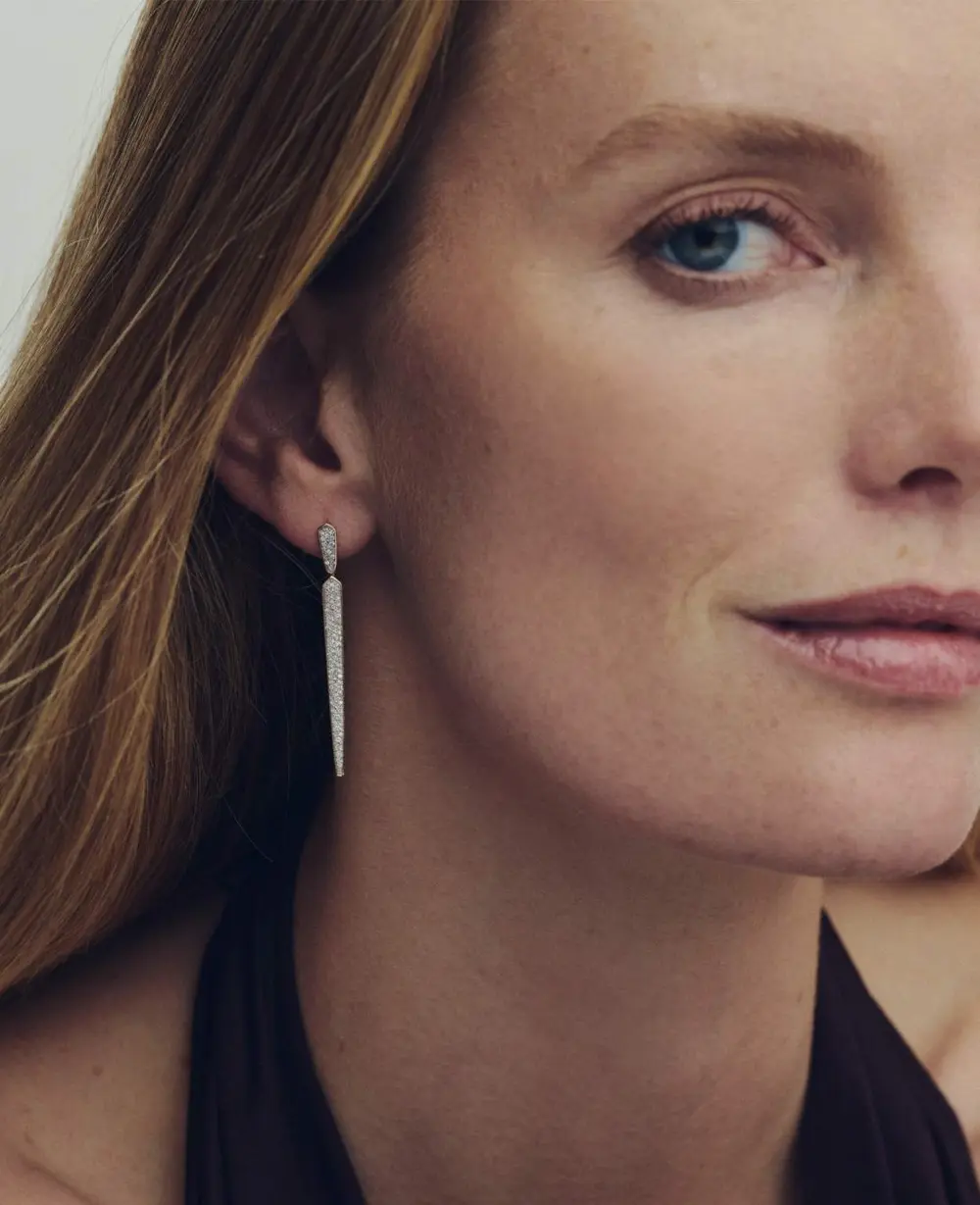 Spike 14k Gold Linear Earrings in White Diamond