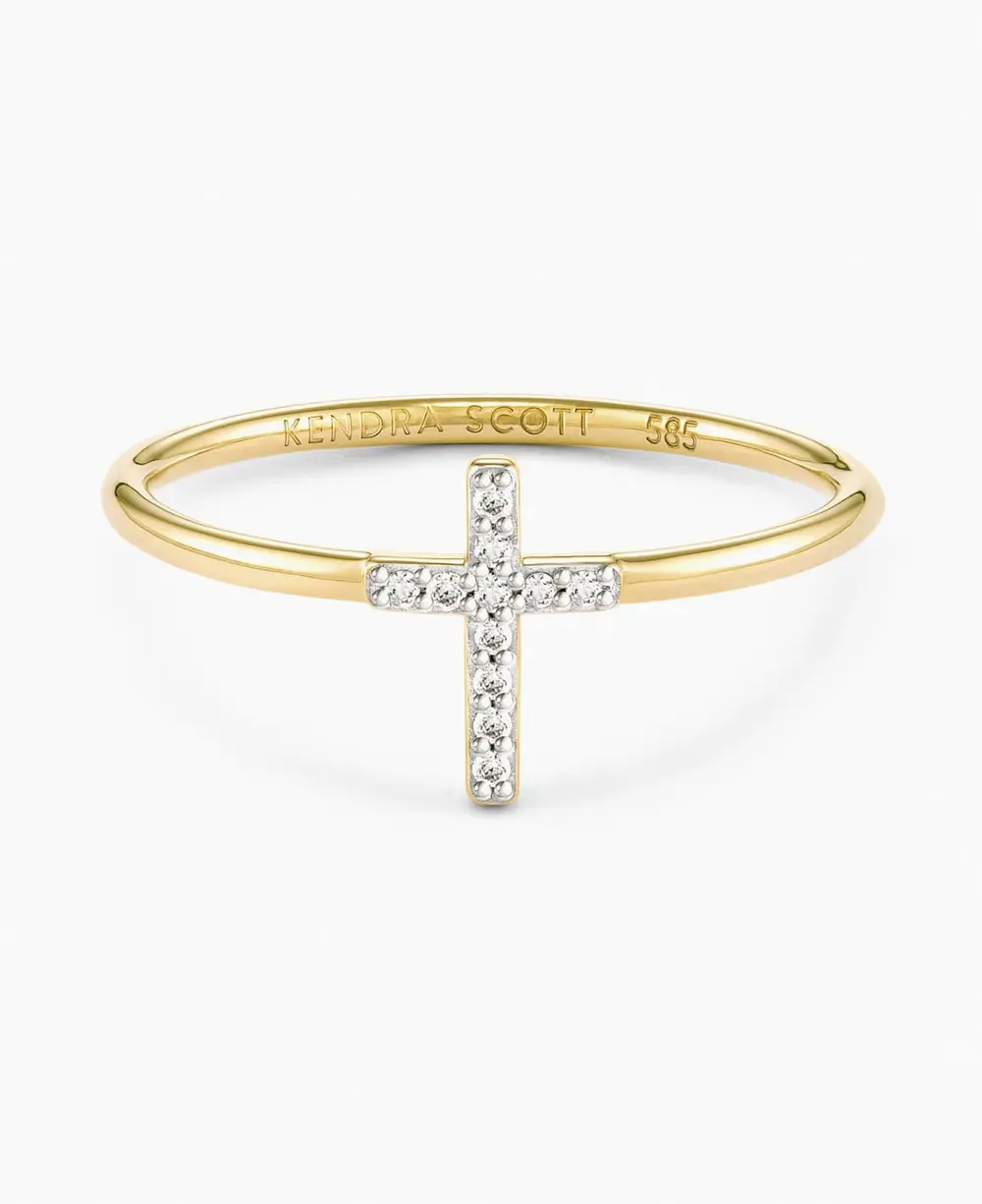 Cross 14k White Gold Band Ring in White Diamond