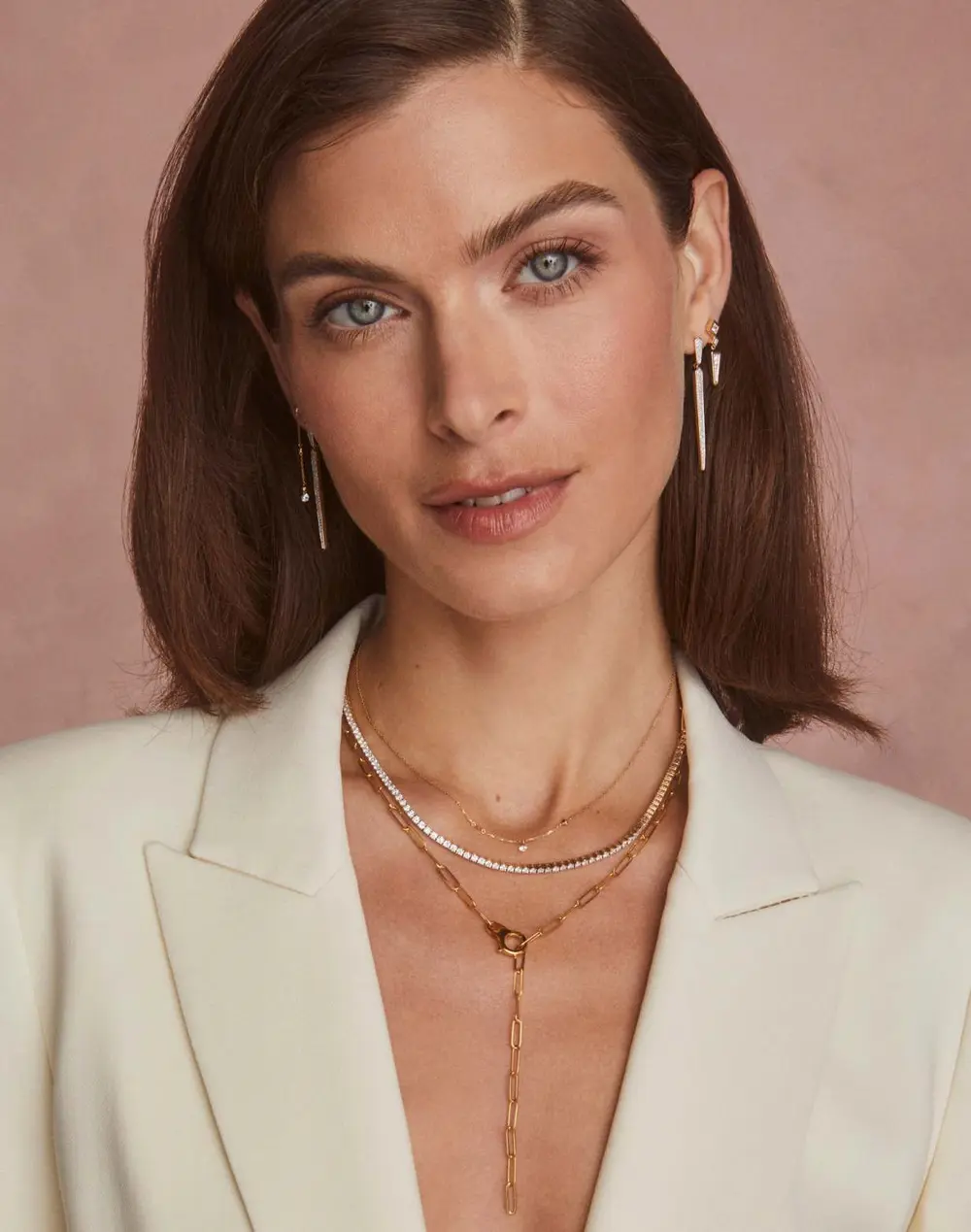 Spike 14k Gold Linear Earrings in White Diamond