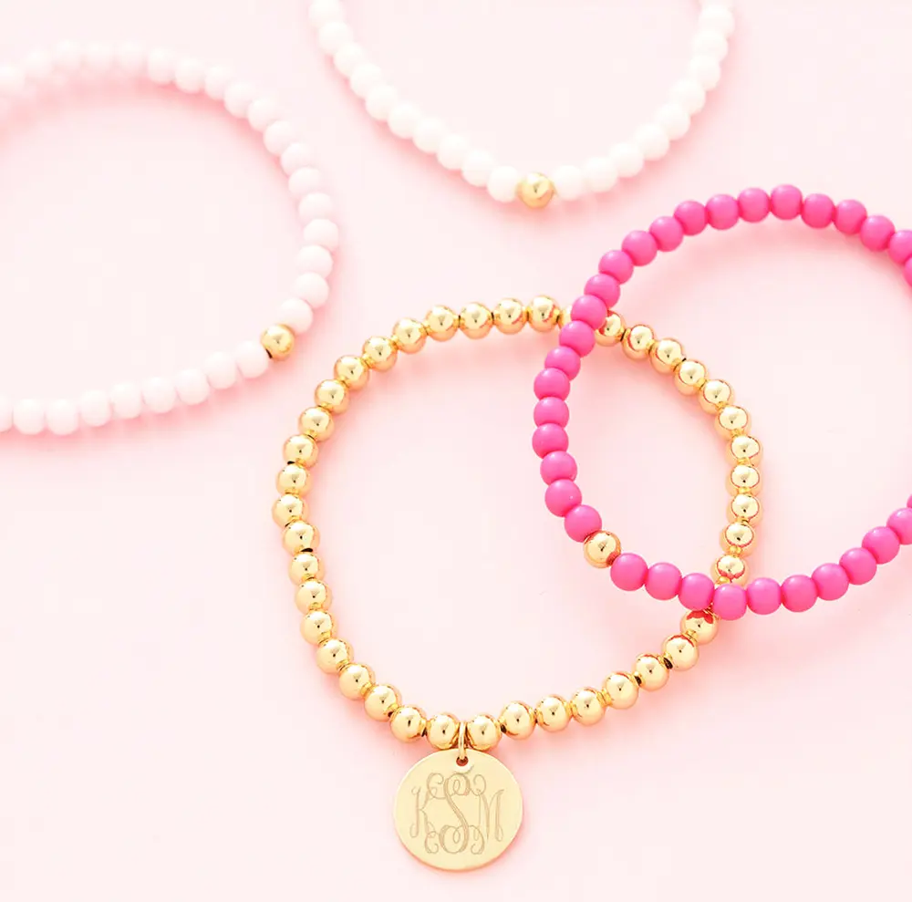 Monogrammed Pink Beaded Bracelet Set