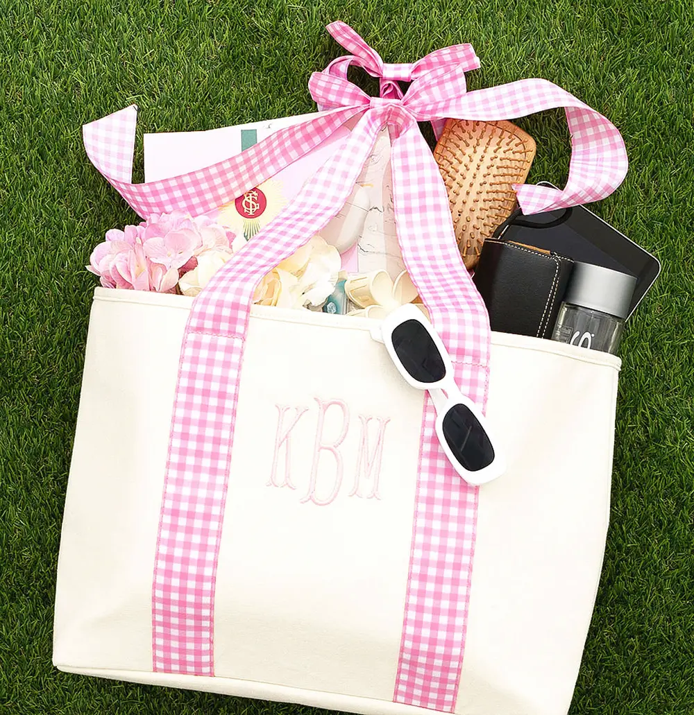 Monogrammed Gingham Tote Bag