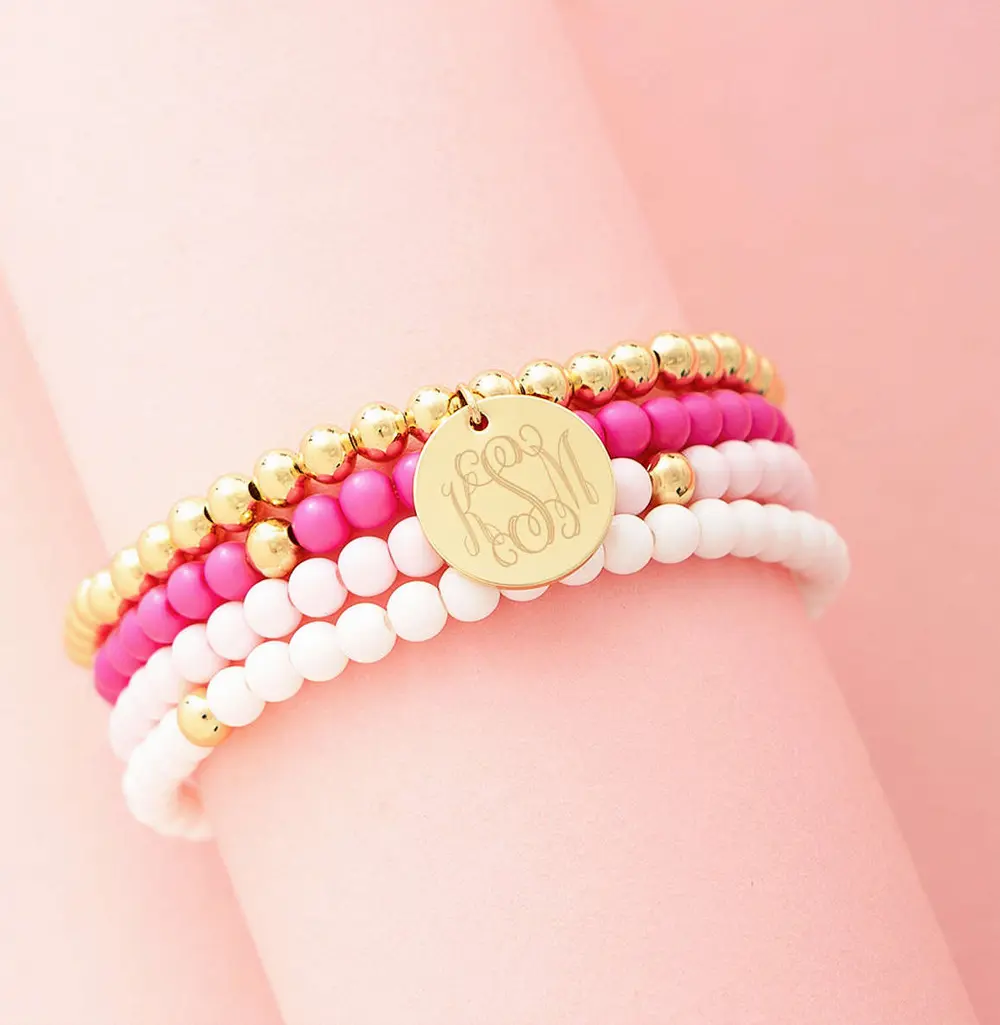 Monogrammed Pink Beaded Bracelet Set