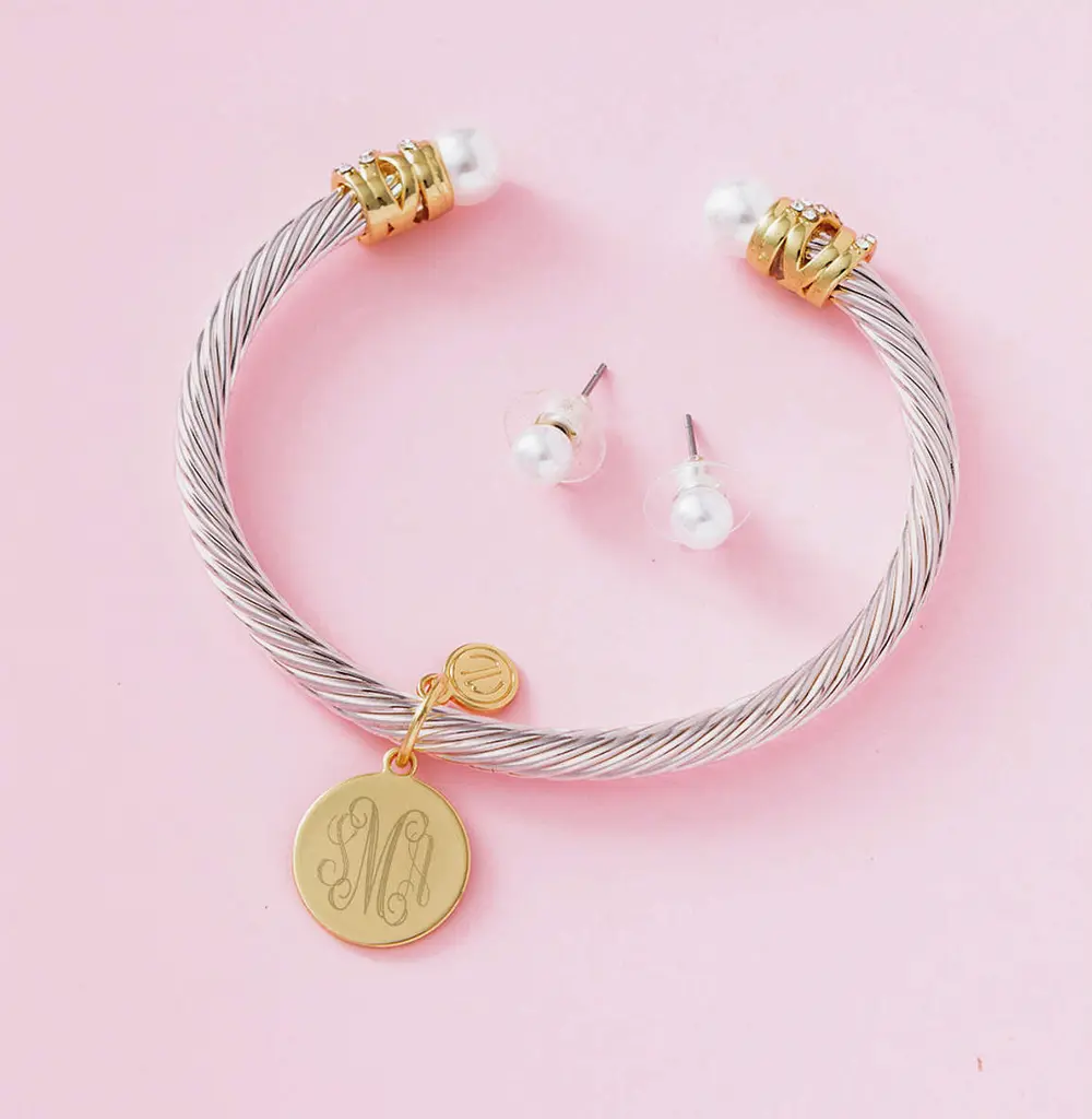 Monogrammed Pearl Cable Bracelet & Earring Set