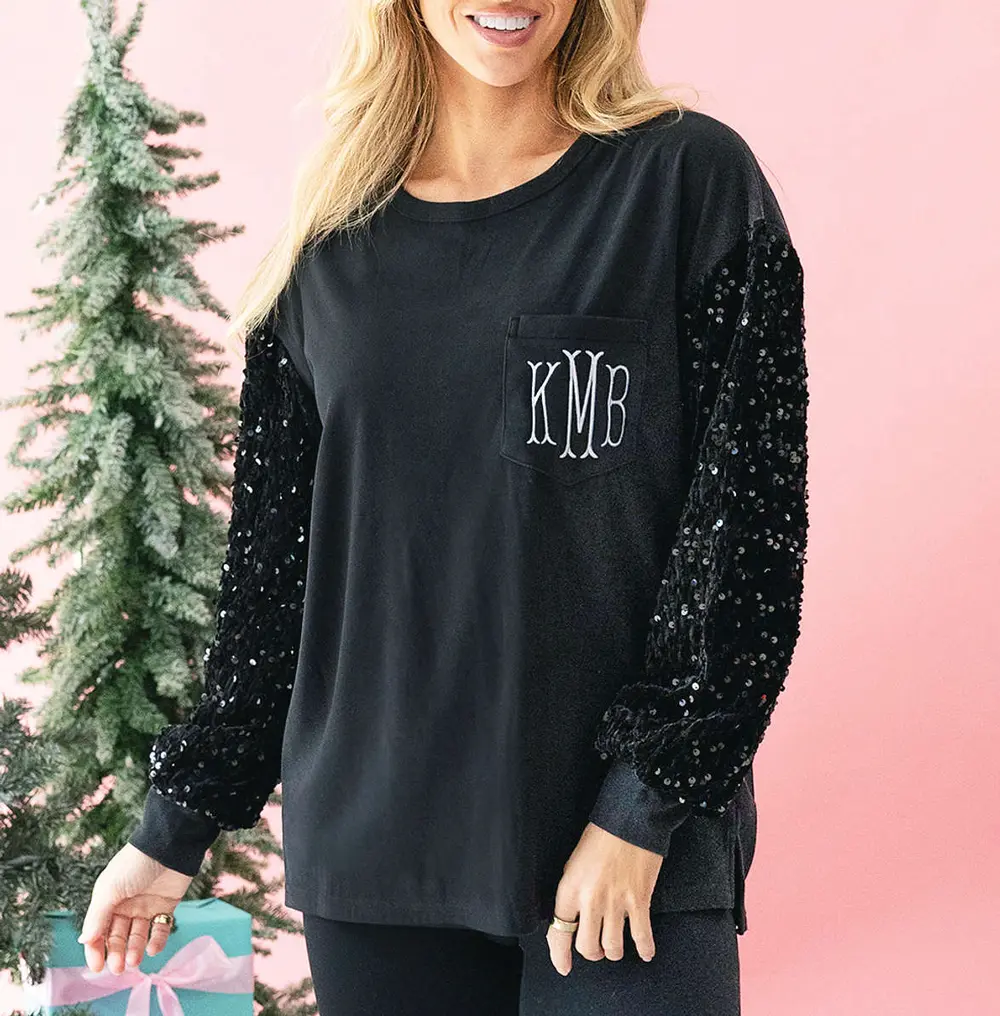 Monogrammed Sequin Sleeve Sweatshirt