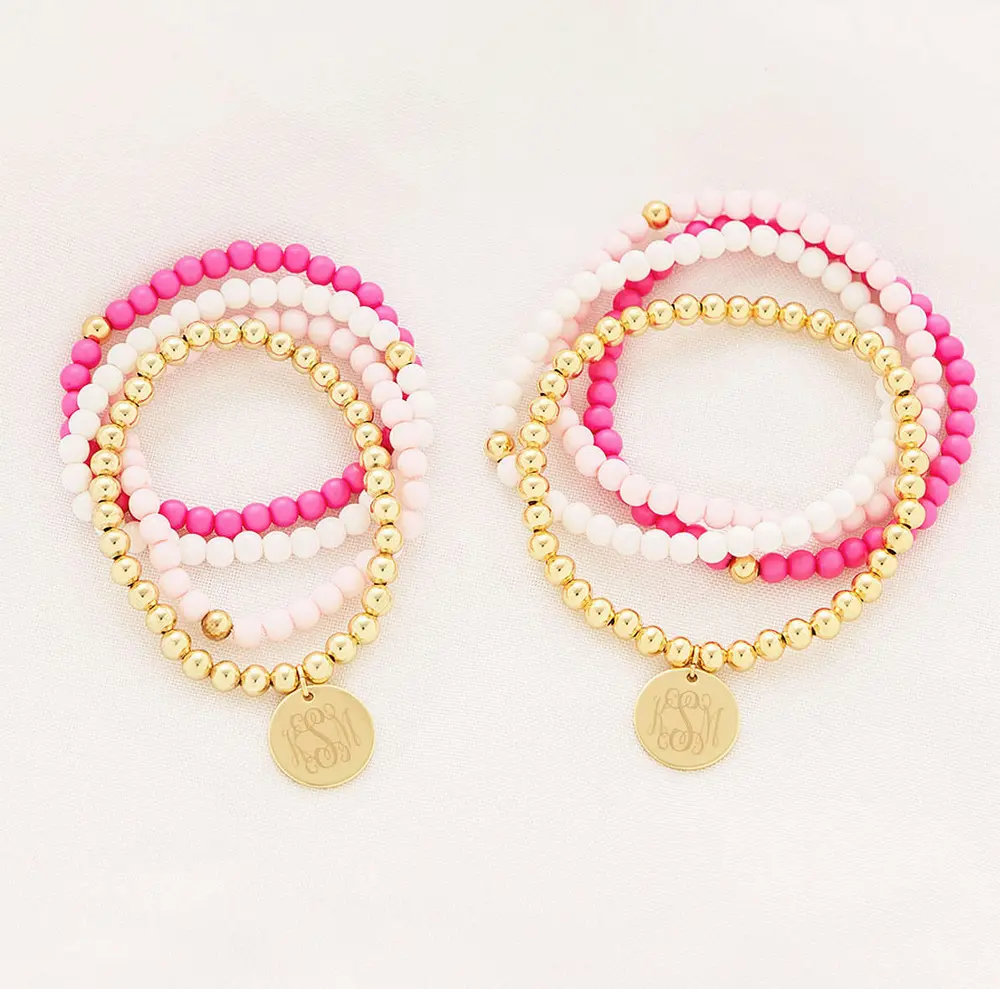 Monogrammed Pink Beaded Bracelet Set