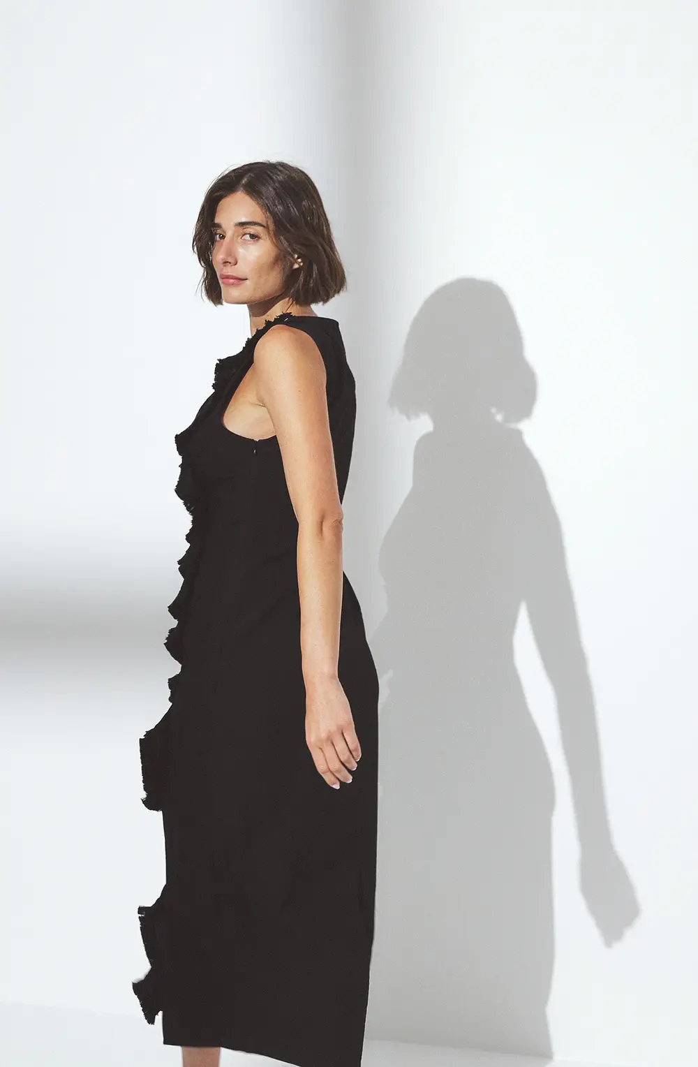 Ruffle Detail Fringe Midi Dress Black