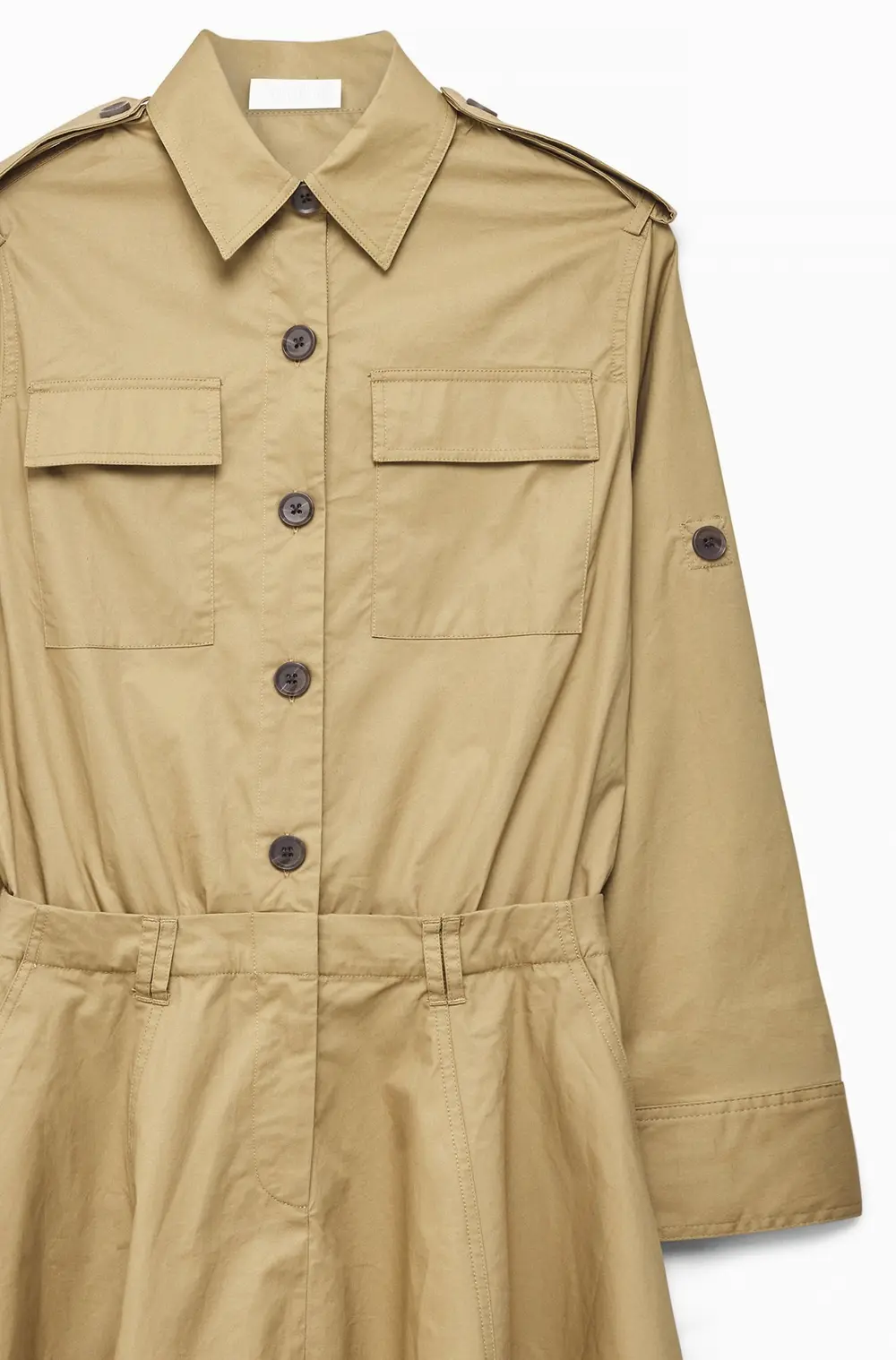 Heavy Cotton Midi Cargo Shirt Dress Beige