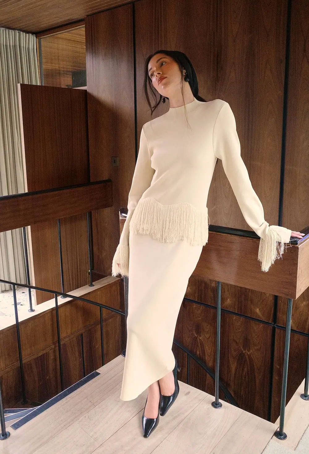 Fringe Detail Knitted Midi Dress Beige