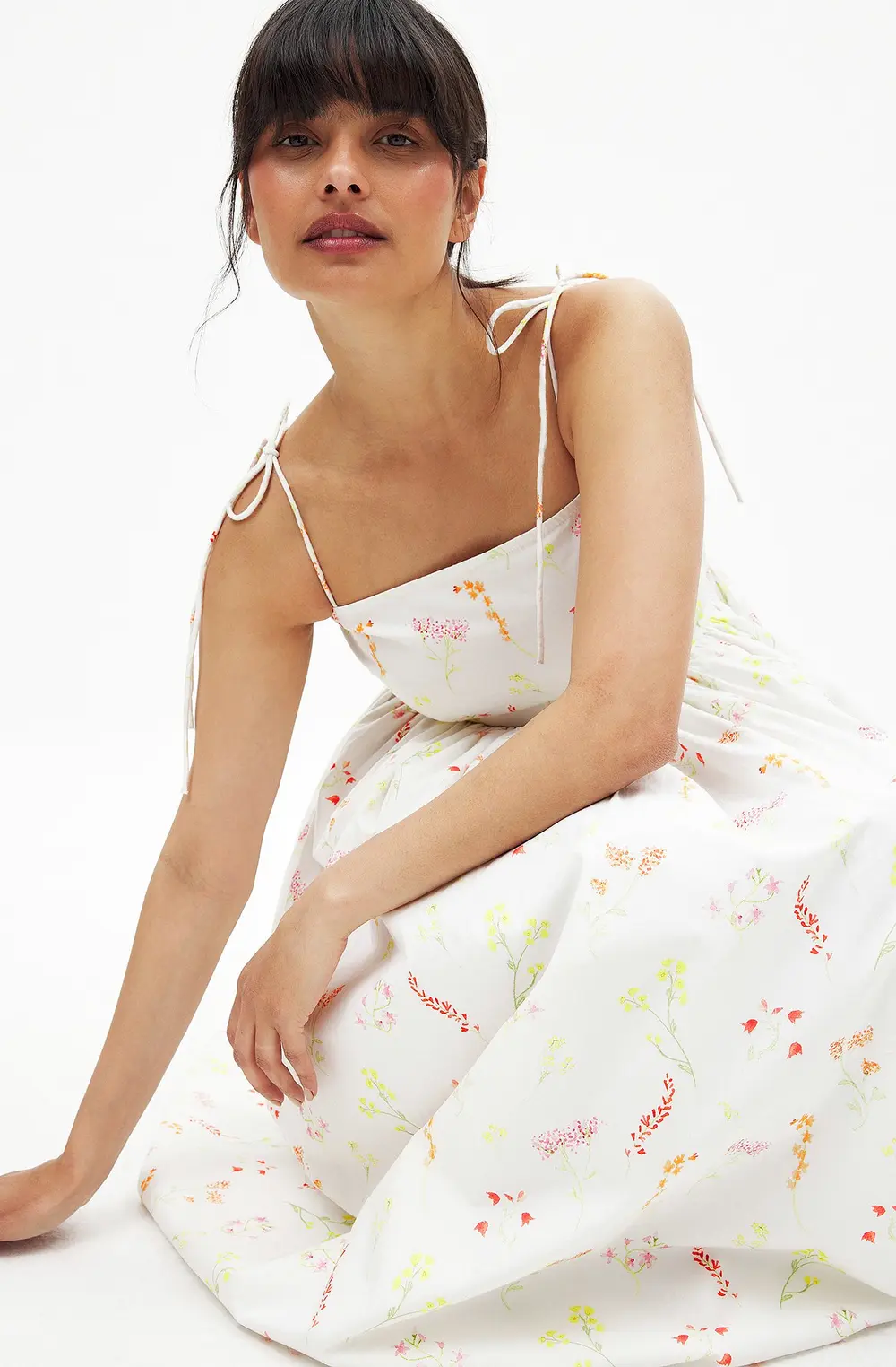 Cotton Tie Shoulder Midi Dress Flower