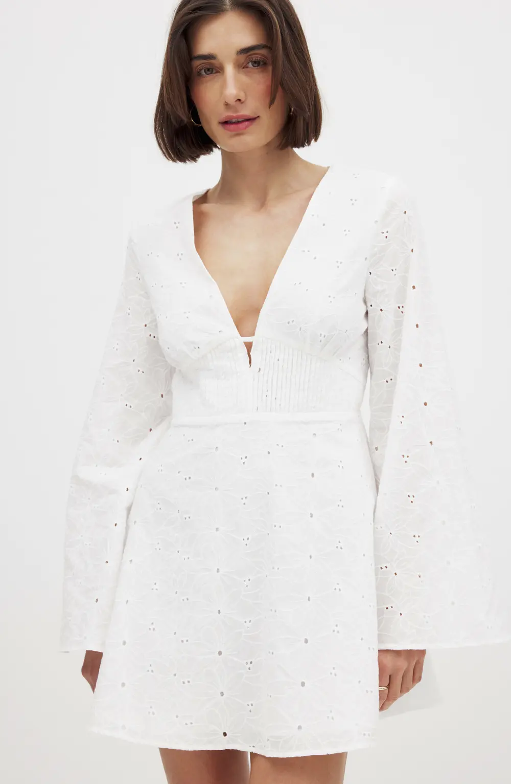 Anglaise Trumpet Sleeve Mini Dress White