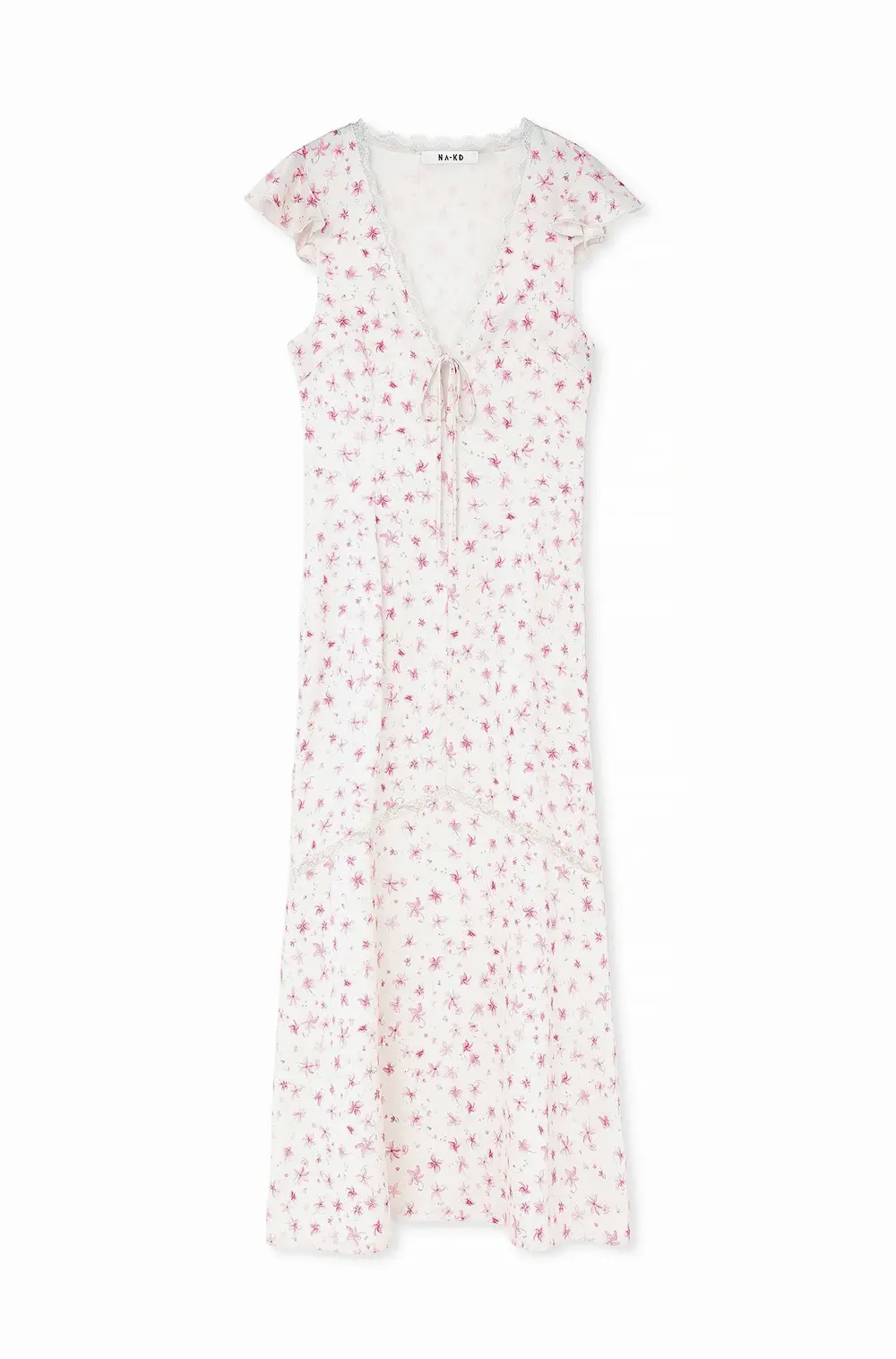 Lace Insert Frill Sleeve Midi Dress Flower