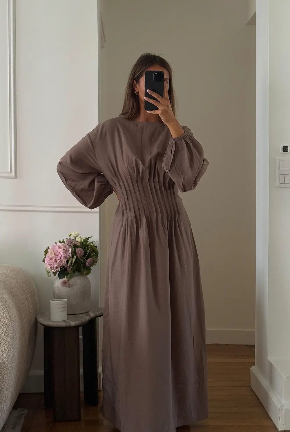 Long Sleeve Pleated Midi Dress Brown