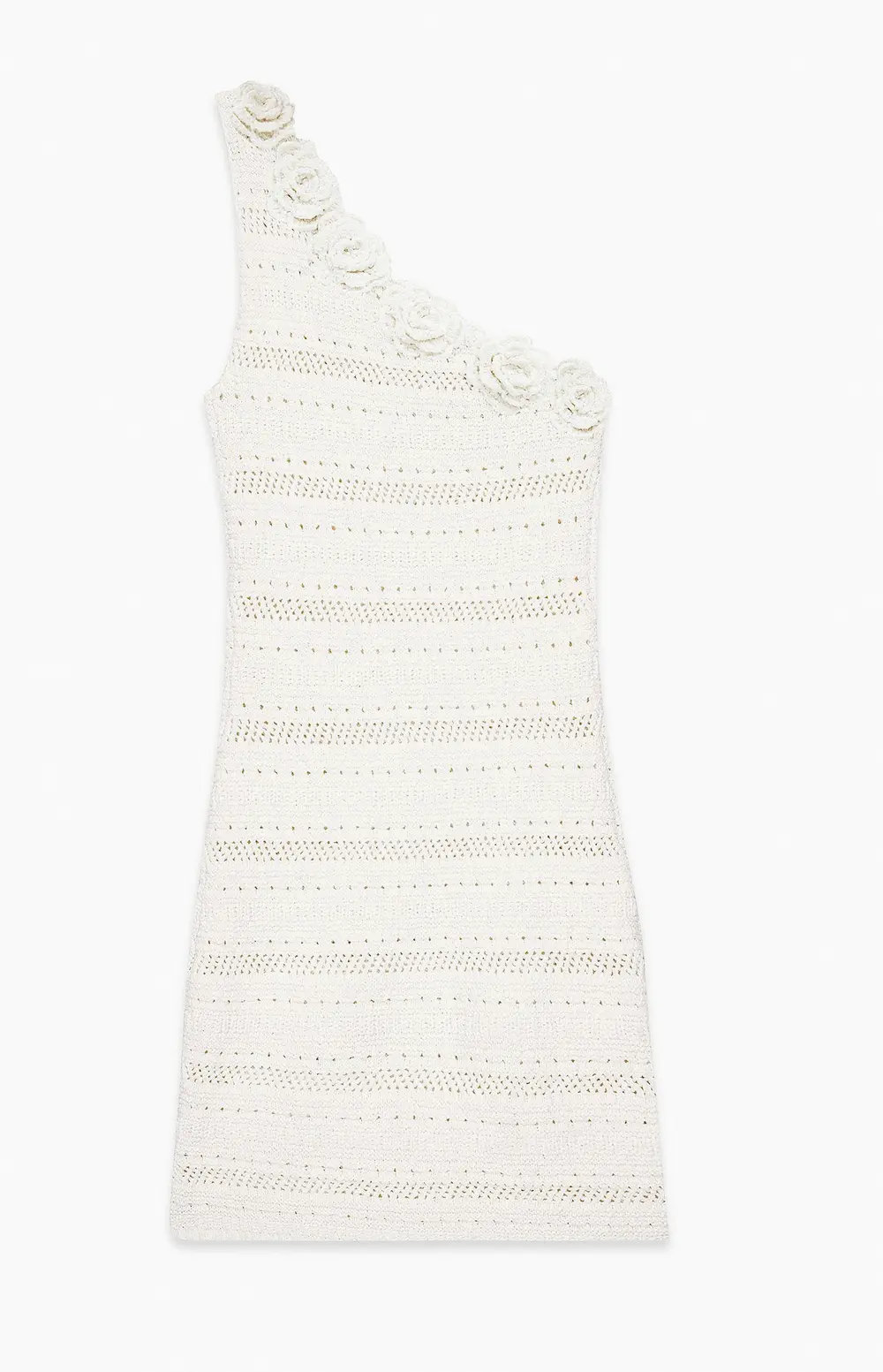 Knitted One Shoulder Crochet Mini Dress Offwhite