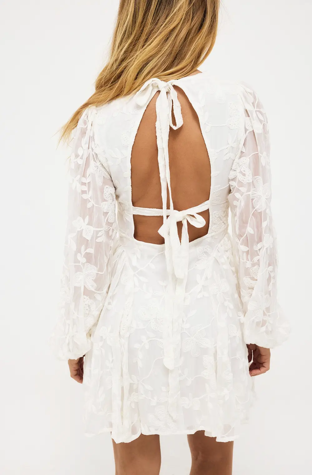 Embroidered Chiffon Long Sleeve Mini Dress White