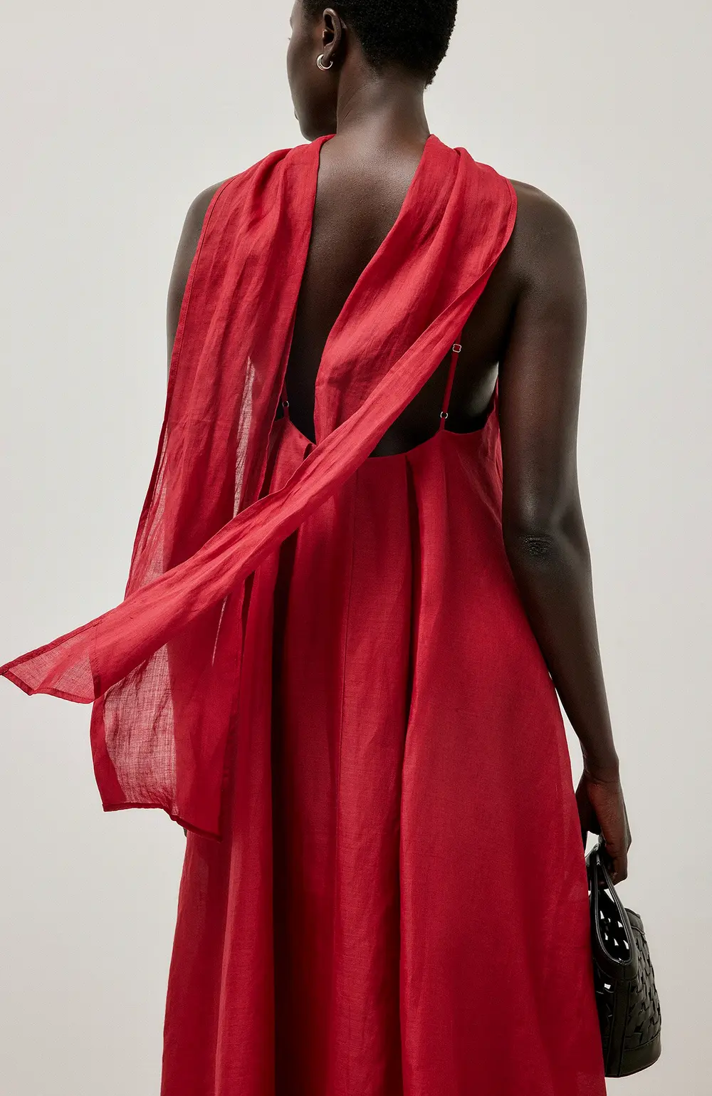 Ramie Scarf Detail Midi Dress Red