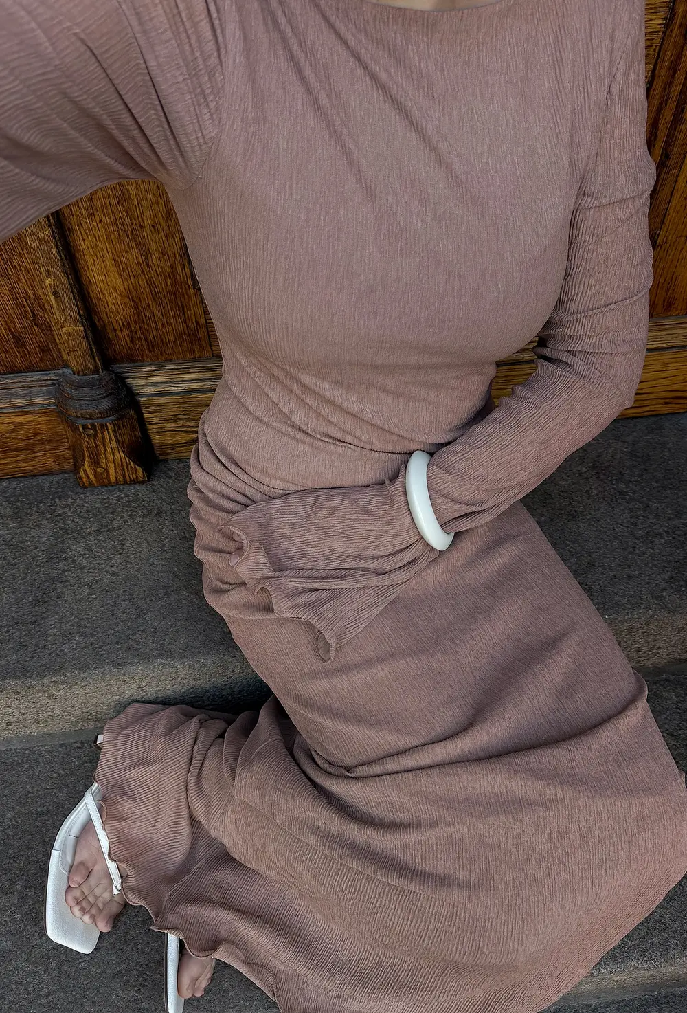 Deep Back Pleated Dress Brown