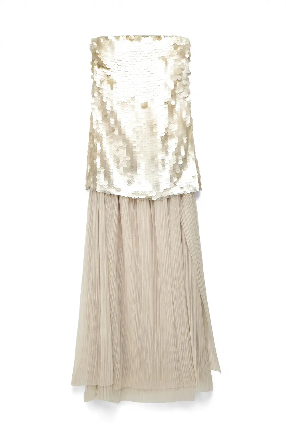 Sequin Bandeau Maxi Dress Beige