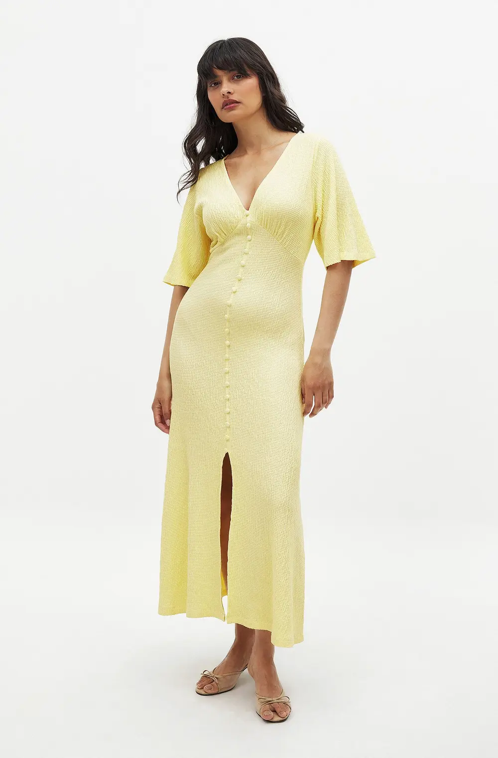 Button Detail Midi Dress Yellow