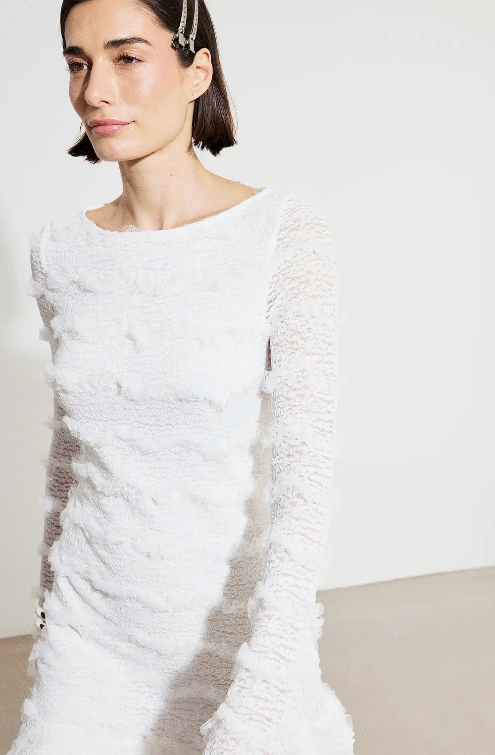 Long Sleeve Mini Frill Dress Offwhite