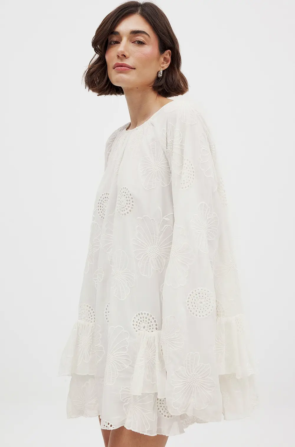 Embroidered Volume Mini Dress White