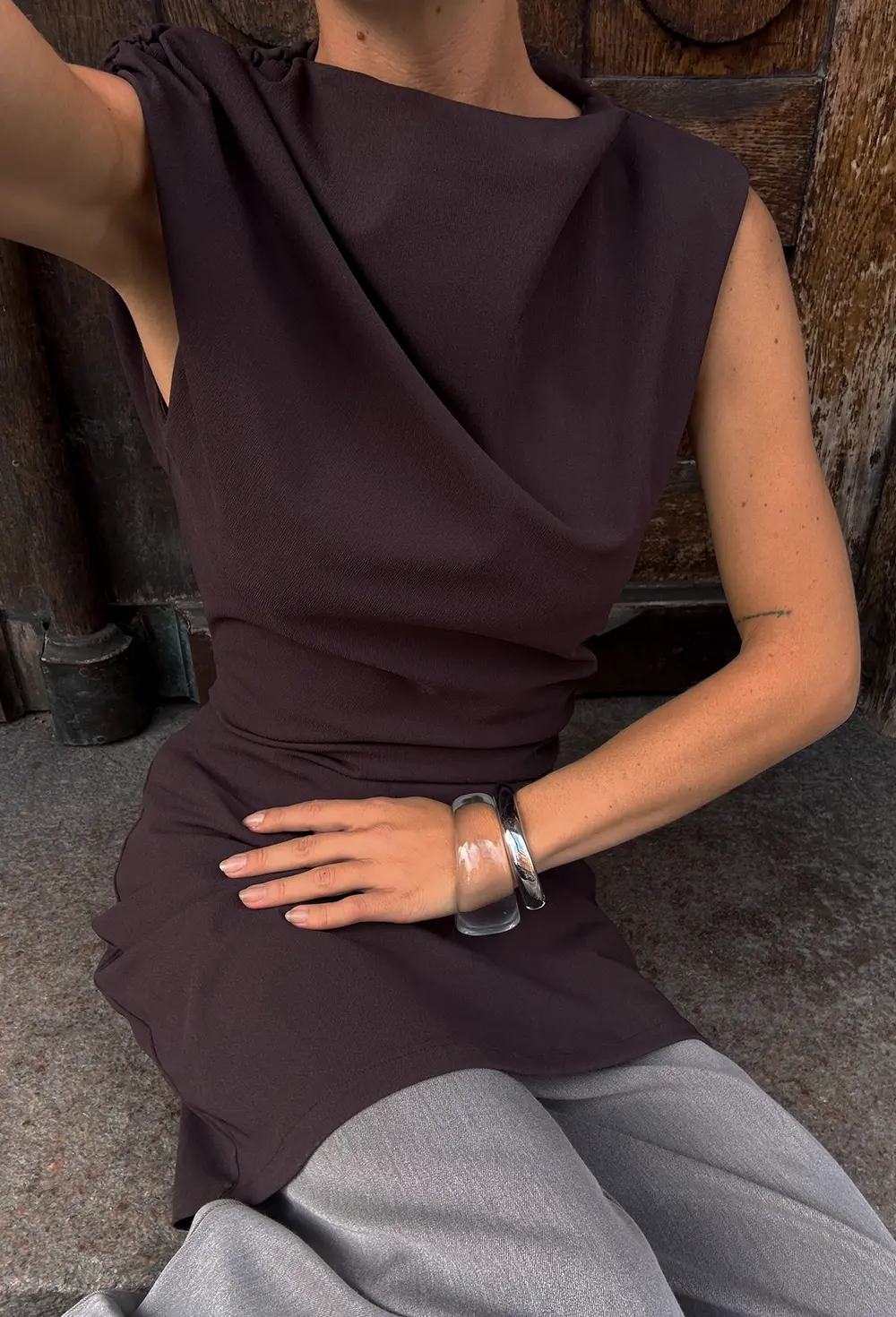 Draped Shoulder Mini Dress Brown
