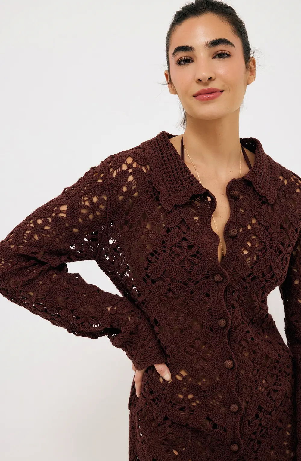 Knitted Crochet Mini Dress Brown