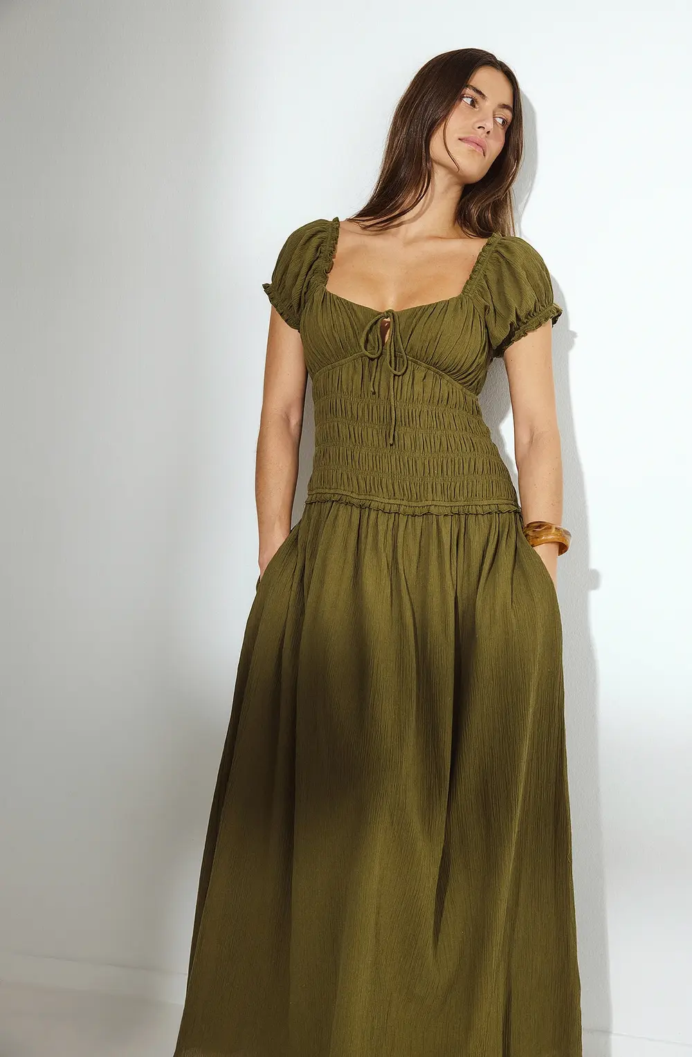 Smocked Short Sleeve Maxi Dress Green