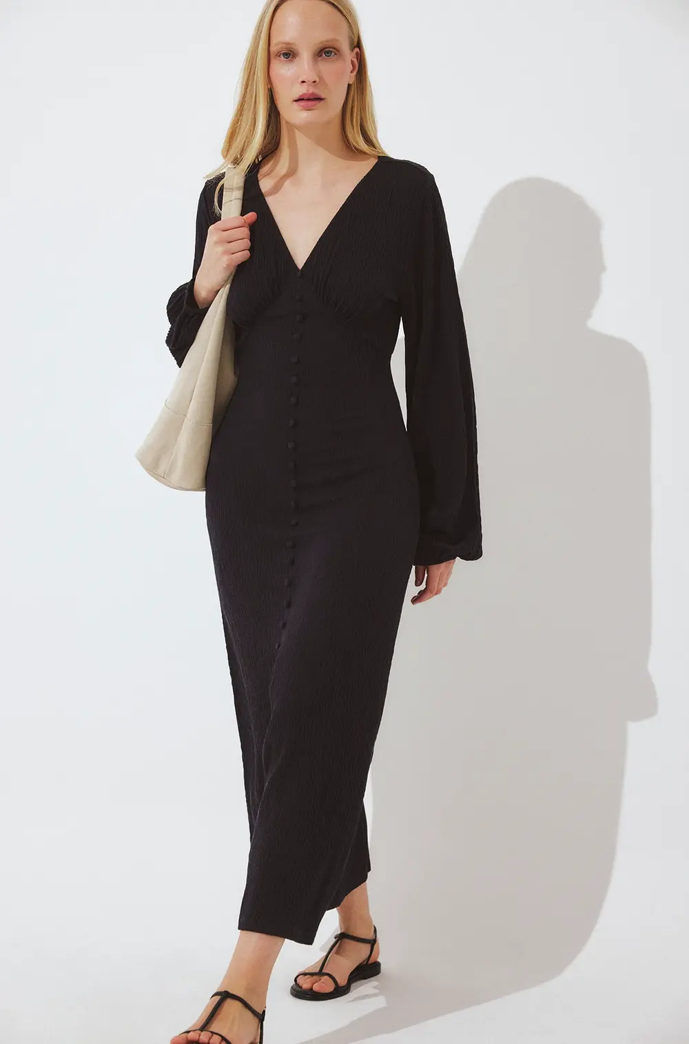 Balloon Sleeve Button Maxi Dress Black